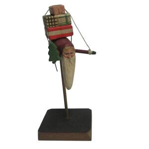 Prim SANTA on Stick Hand Carve Hand Painted Christmas Decor Signed Ken Lessnall